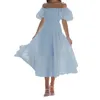 Casual klänningar Kvinnor Summer Solid Color Puffy Sleeve One Shoulder Layered Pleated Floaty Beach Boho Dress Ladies Maxi