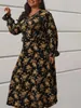 Plus Size Dresses Floral Print Ruffle Trim Long Sleeve Maxi Dress With Belt Women's Elegant V Neck