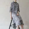 Vêtements ethniques 2023 Traditionnel Vintage Qipao National Bambou Imprimer Coton Lin Robe Chinois Amélioré Cheongsams Hanfu Rétro Zen