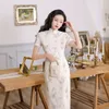 Ethnische Kleidung Chiffon chinesischer Stil Qipao Druck Blume Stehkragen Kurzarm Frauen Vintage Knopf Mitte der Wade Spitzenkante