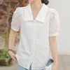 Blusas de mujer Camisa de manga de soplo de verano Jacquard Elegante Collar de cuentas Tops Blusa de gasa de encaje blanco vintage Ropa casual de mujer 26873