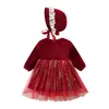 Meisje Jurken Peuter Baby Lolita Rode Fluwelen Kanten Jurk Patch Glanzende Pailletten Tule Prinses Kostuum Voor Infantil Meisjes Kerst Outfit.