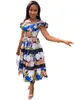 Casual Dresses Summer Women Floral Print Dress Fashion Mushroom Edge Strap A-line Midi African Clothes Holiday Streetwear Robe