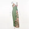 Robes décontractées Spaghetti Vintage Vobine V Couce Imprimé Robe florale Chinois Femmes Long Bodycon Summer Slim sans dossier de vacances sans dossier