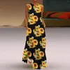 Robes Décontractées Boho Plage Longue Robe D'été Pour Les Femmes D'été Sans Manches Ethnique Plume Imprimer V Cou Lâche Maxi Robe Avec Poches Streetwear