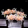 Hair Clips Women's Orange Flower Crown Hairpin With Tassel Set Chinese Hanfu Headdress