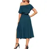 Casual Dresses Womens Summer Short Sleeve Off Shoulder Belted Midi Long Dress With Pockets Solid Color Sexy Side Split A-Line