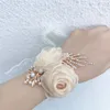 Link Bracelets Girls Bridesmaid Wrist Flowers Pearl Rhinestones Boutonniere Satin Rose Bracelet Fabric Hand Wedding Party Accessories