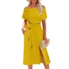 Casual Dresses Womens Summer Short Sleeve Off Shoulder Belted Midi Long Dress with Pickets Solid Color Sexy Split A-Line
