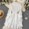 2023 Casual Dresses Spring Summer White Mini Dress Women's Stand Long Lantern Sleeve Gorgeous Flower Emborery Hollow Out LA2276