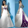 Plus Size Abiti da sposa bianchi e viola Vita impero Scollo a V Perline Appliques Raso Sweep Train Abiti da sposa Custom Made 2019 253k