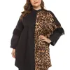 Plus -klänningar Kvinnor Colorblock Leopard Print Lace Decor Långärmad klänningsknapp Front Midi