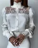 Damenblusen CINESS 2023 Damen-Rollkragenpullover, Netz-Spitzennaht, fadenförmige Selvedge-Langarm-Einreiher-Damenhemd