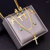 Ketting Oorbellen Set 316L Roestvrij Staal 2 Laag Retro Zirkoon Kruis Turquoise Hanger Kettingen Armbanden Mode Hoge Sieraden Party Gift