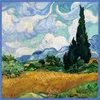 Silk Scarf Women Van Gogh Wheat Fields and Trees Målar fyrkantiga halsdukar Huvud Echarpes Silk Foulards Femme Wraps Beach Shawls Bandana Lady Hijabs 90cm x 90 cm