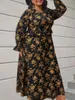 Plus Size Dresses Floral Print Ruffle Trim Long Sleeve Maxi Dress With Belt Women's Elegant V Neck