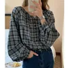 Women's Blouses 2023 Arrival Spring Summer Women Loose Casual O-neck Vintage Plaid Print Blouse Long Sleeve Single Breasted Shirts V179