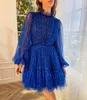 Sweet Royal Blue Short Homecoming Dresses Sequins High Neck Long Sleeves Mini Cocktail Homecoming Dress A Line