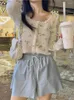 Cárdigan corto con estampado Floral Vintage de moda coreana para mujer, Tops holgados de una sola botonadura con retazos de encaje, Top estético Y2k para mujer