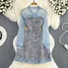 Casual Dresses Elegant Lady Small Fragrance Temperament Ribbon Bow Collar Soft Ruffle Patchwork Tweed Plaid Woolen Buttons Autumn Mini Dress 2023