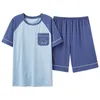 Vêtements de nuit pour hommes été mode hommes doux coton pyjamas ensemble L-3XL bleu Pijamas élastique à manches courtes Shorts Homewear pour les jeunes