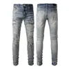 Herren-Jeans für Männer, Rip Slim Fit, Skinny-Mann-Hose, rote Stern-Patches, mit Biker-Denim, Stretch, Kult, Stretch, Motorrad, trendig, lang, gerade, Hip-Hop, mit Loch, BlauHSC8