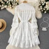 2023 Casual Dresses Spring Summer White Mini Dress Women's Stand Long Lantern Sleeve Gorgeous Flower Emborery Hollow Out LA2276