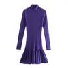 Casual Dresses Xikom 2023 Autumn Women Elegant Vintage Purple Knitted Dress Female Streetwear Mock Neck Slim Ruffles Mini