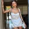 Casual Dresses White Lace Mini Dress Transparent Backless Sexy For Women Spaghetti Strap Tassel Festival Night Club Party 2023