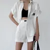 المسارات النسائية أزياء الكتان القطن الكتان القميص القصيرة القميص شورت 2 قطعة مجموعات الملابس النسائية 2023 Summer Streetwear بدلة بيضاء غير رسمية لصالح
