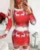 Casual Dresses 2023 Women Christmas Reindeer Snowflake Print Bodycon Mini Dress Långärmning Vintage Trending Woman Party Night Outfits