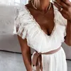 Party Dresses Women's Dress V Neck Pleated Short Sleeve Belt Large Hem White Banquet Wedding Zomer Zoete Jurken