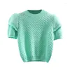 T-shirts pour femmes évider tricot T-shirt femmes manches bouffantes T-shirt 2023 été mince taille haute court à volants tricots haut dames vert