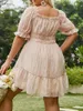 Plus Size Dresses Valentine Day Shirred Puff Sleeve Lettuce Trim Midi Dress Women's Elegant Princess Party