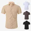 2023 summer New Men's Linen Cotton Solid Short Sleeve Shirt with Pocket bussiness shirts