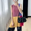 Kadın Tişörtleri Miyake Hiroshi Yaş azaltıcı renk bloğu yelek üst gevşek pileli tişört kadın orta uzunlukta tasarım algısı küçük gömlek 2023