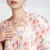 Women's T Shirts Pink Purple Floral Print Shirring Ruched Tops Tees Loose Casual Puff Sleeves T-Shirt