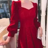 Casual Dresses Square Collar Solid Color Spring Autumn Temperament Dress Women A-line Long Kirt Fashion Long-Sleeved Female Clothing 245