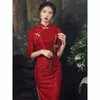 Etniska kläder kinesiska brudbröllop toast qipao röd vintage kvällsfest qi pao klänning traditionell ung flicka scen show cheongsam