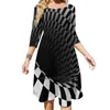 Casual Dresses Black and White Optical Illusion Loose Pocket Dress Women V Neck Printed Checkerboard