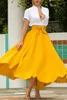 Skirts 2023 Women's Solid Color High Waist A Line Skirt Fashion Slim Bow Belt Pleated Long Maxi Red Orange Yellow