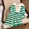 Women's Tracksuits Green Women's Two-piece Sets Navy Collar Short Sleeve Striped T Shirt Shorts Tracksuit Summer Casual