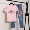Agasalhos femininos jeans de verão ternos femininos bordados miçangas flor 3D manga curta camiseta decote careca rasgado jeans cortado