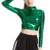 Women's T Shirts Women Metallic Liquid Crop Top Turtleneck Long Sleeve T-shirt For Rave Club Dance Costume Wet Look Short Holographic