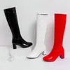 أحذية براءة اختراع جلدية مثير فخذ الكعب العالي منصة شتاء النساء الأسود الأحمر على الركبة كبيرة الحجم 45 48 Lady Fetish Shoes
