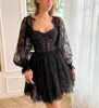 Sweet Black Short Dresses Up Back Long Sleeves Lace Mini tail Homecoming Dress A Line