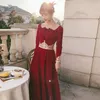 Ethnic Clothing Off Shoulder Pleated Cheongsam Maxi Burgundy Lady Dress Gown Sexy Square Collar Vintage Embroidery Floral Long Sleeve