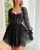 Sweet Black Short Dresses Up Back Long Sleeves Lace Mini tail Homecoming Dress A Line