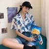Bluzki damskie Summer Koreańska koszula dla kobiet w stylu Hongkongu Wzór retro drukowanie luźna bluzka z krótkim rękawem Student Student Casual Top