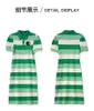 2023 Summer GreenStriped Print Dress Short Sleeve Lapel Neck Buttons Midi Casual Dresses W3L046212